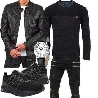 Stil Motorrad Outfit mit Schwarz/Dunkelgrün/Grau/Dunkelbraun Motorradjacke/Bikerjacke/Leder Bomberjacke/Vintage Lederjacke/KunstLederjacke FAPA "Perfekt für die Freizeit"Look: Dad, Stil, Elegant, Indoor, Feine, Techno, Coole, Punk, Schön, Workwear, Lagenlook, Rockige, 80er, Freizeit, Arbeits, Motorrad, Reiten