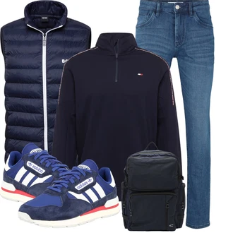 90er Outfit mit Blau/Dunkelblau/Braun Große Größe Mantel Boss "Perfekt für die Freizeit"Look: Western, Uni, 80er, Sportlich, 30er Jahre, Unisex, Coole, Boyfriend, 90er