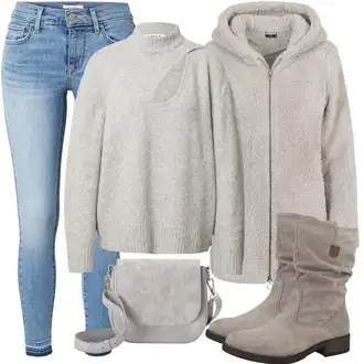 Outfit s Šedá/Hnědá/Béžová/Khaki/Fialová Fleecový Kabát/Kožich Kabát/Kabát Bouclé/Kabát s Kapucí/Vlněný Fleecový Kabát/Teddy Kabát/Pletený Fleecový Kabát About You "Perfektní na zimu"