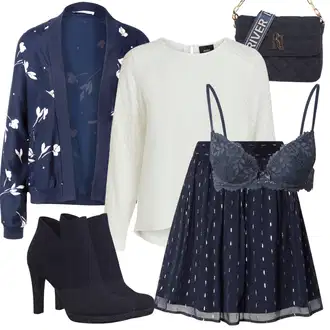 Outfit s Tmavě modrá/Modrá 2-v-1 šaty/Ležérní Šaty/Francouzské šaty/Šaty se spodničkou/Šaty s puntíky/Skater šaty/Šaty S Kosticí/Letní Šaty About You "Perfektní na zimu"