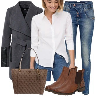 Outfit s Hnědá/Béžová Chelsea Boty/Kožená bunda/Plochá Kotníková Bota/Jezdecká Bota Mustang "Perfektní na zimu"