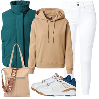 Outfit s Hnědá/Khaki/Béžová Mikina s kapucí Originální mikina/Svetr S Kapucí/Partnerská Mikina/Sportovní mikina/Unisex Mikina s kapucí/Vintage mikina/Mikina/Pletená Mikina s kapucí About You "Perfektní na jaro"