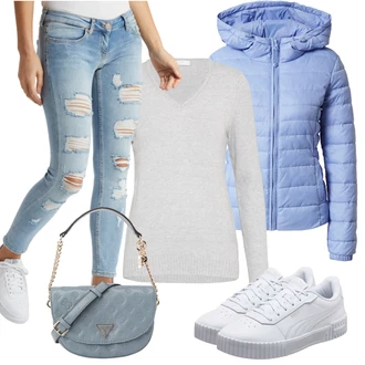 Outfit s Světle modrá/Modrá Prošívaná Bunda/Bunda s Kapucí/Nafukovací Bund/Puchová Bund/Letní peřová bunda/Zimní Bund/Lyžařská bunda Only "Perfektní na zimu"