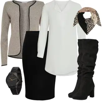 Outfit s Černá/Béžová/Hnědá/Bílá Bandana/Šál/Pokrývka hlavy Šátek na hlavu About You "Perfektní na zimu"