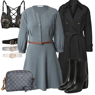 Outfit s Šedá/Světle šedá/Modrá/Tmavě Modrá Košilové šaty/Halenkové Šaty/Šaty s Páskem About You "Perfektní na zimu"