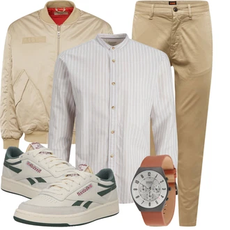 Outfit mit Khaki/Beige Boyfriend Hose/Twill Hose/Slim Hose/Freizeithose/Musselin Hose/Karottenhose Boss "Praktischer Look"