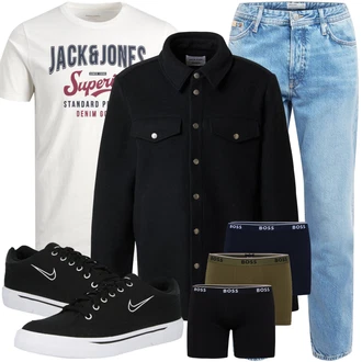 Outfit mit Schwarz/Blau/DunkelBlau/HellBlau Casual Hemd/Jeanshemd/Flanellhemd/Hemdbluse/Shirtjacke/Uniformjacke/Wolljacke/Nachhaltige Jacke/Cordjacke DAN FOX APPAREL "Praktischer Look"