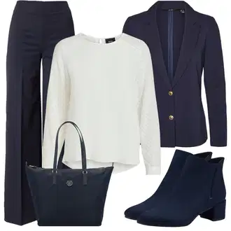 Outfit sa Tamnoplava/Plava Palazzo Hlača/Marlene Hlača/Lepršave Hlača/Bootcut Hlača/Široka Hlača/Hlača od Odijela/Poslovna Hlača/Hlače s Prorezom/Hlače Visokog Struka Drykorn "Savršena uredska odjeća"