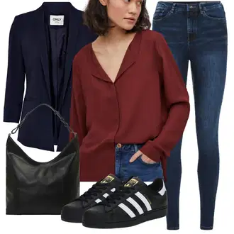 so sponou Outfit s Červená/Tmavě červená Halenka se Stojatým Límcem/Halenka s Dlouhým Rukávem/Slip-on Halenka/Oversize Halenka/Kožená bunda/Hedvábná Halenka/Tunikové Tričko/Jednobarevná Halenka/Dlouhá Halenka/Halenkové Body/Businessová Halenka Vila "Stylový zimní outfity"