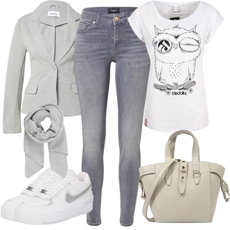Old Money Outfit s Šedá/Světle šedá Šál/Kruhový Šál About You "Stylový look na jaro"Look: Klasické, Pro Dům, Old Money, Skromné, Traditional, Retro, 80tá léta