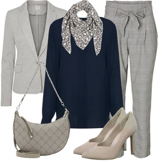 Old Money Outfit s Šedá/Hnědá/Béžová/Tmavě šedá Bandana/Šál About You "Stylový outfit na jaro"Look: Cool, S Metall, Krásný, Old Money, Safari, Retro, 80tá léta