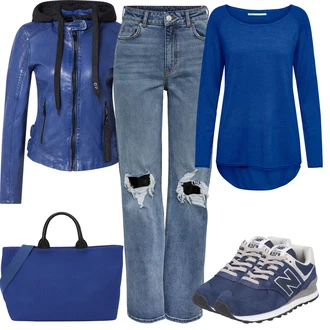 Outfit s Modrá/Světle modrá Patchworkové Džíny/Džíny s Dírou/Kožené bundy/Džíny s Rozparkem/Boyfriend Džínové kalhoty Pieces "Stylový outfit na jaro"