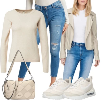 Ležérní Outfit s Modrá/Světle modrá/Krémová Džínové Legíny/Jeggings/Skinny Kalhoty/Kalhoty se Štěrbinou/Kalhoty s dírou Only "Stylový zimní outfity"Look: Ležérní, Disko, Francouzské, Moderní, Krásný, Bezešvé