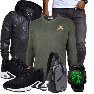 Motorrad Outfit mit Schwarz/Dunkelgrau/Grau Bikerjacke/Kapuzenjacke/Motorradjacke/Winterjacke/Fliegerjacke/Kunstlederjacke/Leder Bomberjacke/Jacke mit Seitlichem Reißverschluss FLAVOR "Super für die Freizeit"Look: Airsoft, Reiten, Motorrad