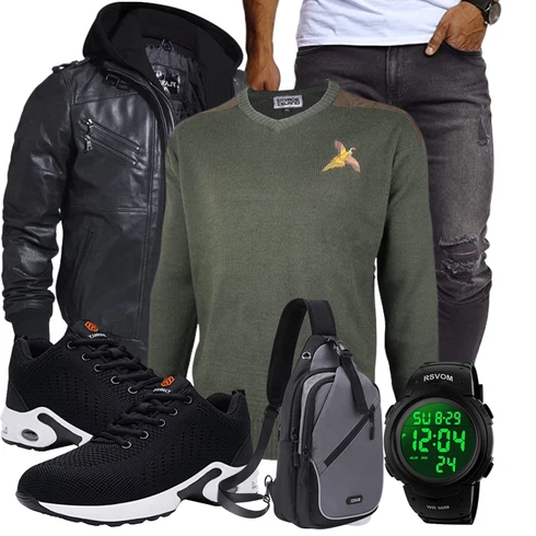 Fell Schwarz/Dunkelgrau/Grau Bikerjacke/Kapuzenjacke/Motorradjacke/Winterjacke/Fliegerjacke/KunstLederjacke/Leder Bomberjacke/Jacke mit Seitlichem Reißverschluss FLAVOR kombinieren