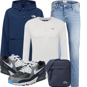 70er Outfit mit Hellblau/Blau Slim Fit Jeans/Lederjacke/Leder Schuhe/Push up Jeans/Low Rise Jean/Winterjacke/Jeans mit Schlitz/Regular-Fit Jeans/Knöchelstiefel/Herren Lederjacke/Schlupfjeans/Low Waist Jean/Tapered-Jeans Jack & Jones "Super für die Freizeit"Look: Uni, Classic, Premium, 70er, Coole, Schön, Old Money, Schlichte, Casual