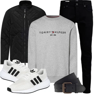 Vintage Outfit mit Grau/Hellgrau Sweatmode/Damen Pullover/Sport Sweatshirt/Women's Fleece Sweatshirts/Unisex Hoodie Tommy Hilfiger "Super für die Freizeit"Look: Rad, 70er, Vintage, Retro, Rap, Moderne, Skater, Uni