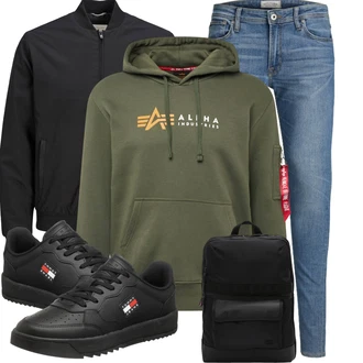 Retro Outfit mit Blau/Hellblau Lederjacke/Slim Fit Jeans/Leder Schuhe/Push up Jeans/Low Rise Jean/Jeans mit Schlitz/Thermojeans/Winterjacke/Schlupfjeans/Knöchelstiefel Jack & Jones "Super für die Freizeit"Look: Uni, Retro, Schlichte, Casual, Nahtlos, Coole, Classic, Disco, Old Money