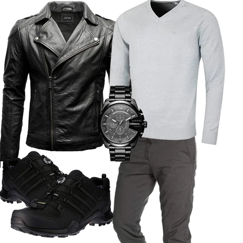 Schwarz/Grau/Dunkelgrau Jacke mit Seitlichem Reißverschluss/Vintage Lederjacke/Motorradjacke/KunstLederjacke/Bikerjacke Crone kombinieren