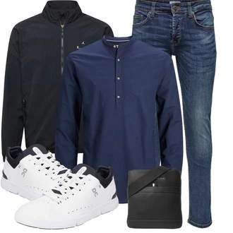 Outfit mit Blau/Hellblau/Dunkelblau Slim Fit Jeans/Herren Lederjacke/Tapered-Jeans/Biker Jeans/Winterjacke/Lederjacke/Leder Schuhe/Low Rise Jean/ThermoJeans/Jeans mit Schlitz/Low Waist Jean/Vintage Jeans Only & Sons "Super für die Freizeit"