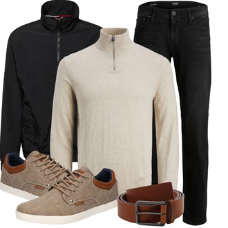 Outfit mit Khaki/Beige/Braun Pullover mit Reißverschluss/Wollpullover Jack & Jones "Toller Look für die Freizeit"