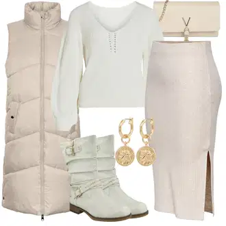 Outfit s Hnědá/Khaki/Béžová/Bílá Pletená Sukně/Vlněná Sukně Only "Trendový zimní vzhled"