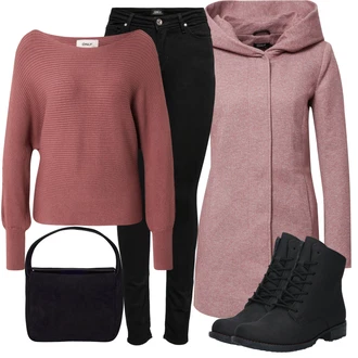 Outfit s Růžová/Fialová/Hnědá/Červená Pletený Kabát/Kabát s Kapucí/Pletený Fleecový Kabát/Zimní Kabát Vlněný kabát/Fleecový Kabát/Lodenový kabát/Vlněný Fleecový Kabát Only "Trendový zimní vzhled"
