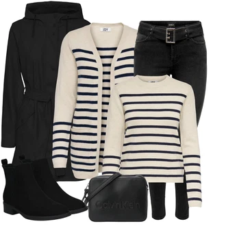 Skromné Outfit s Černá Dámská Ponožková Bota/Chelsea Boty/Plochá Kotníková Bota/Gumová Kotníková Bota/Kožená bunda/Letní kotníková kozačka About You "Trendový zimní vzhled"Look: Cool, Duckfeet, Elegantní, Krásný, Old Money, Bezešvé, Skromné