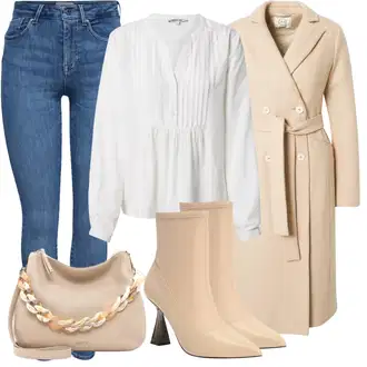 Podzim Outfit s Bílá/Krémová/Khaki Slip-on Halenka/Halenka s Dlouhým Rukávem/Kožená bunda pro muže/Halenkové Body/Sportovní Halenka/Oversize Muselínová Blůza About You "Vzhledy pro volný čas"