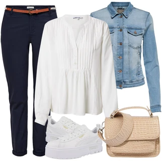 Podzim Outfit s Bílá/Krémová/Khaki Slip-on Halenka/Halenka s Dlouhým Rukávem/Kožená bunda pro muže/Halenkové Body/Sportovní Halenka/Oversize Muselínová Blůza About You "Vzhledy pro volný čas"