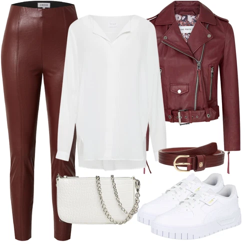 Kombinace Šedá/Hnědá/Béžová/Bílá/Krémová/Khaki Halenkové Body/Blůza s knoflíčkem/Halenka se Stojatým Límcem/Dlouhá Halenka/Halenka s Dlouhým Rukávem/Oversize Halenka/Oversize Muselínová Blůza/Slip-on Halenka/Tunikové Tričko Vila kombinovat s Červená/Hnědá/Vínová/Tmavě červená Kožený legíny/Kožená Kalhoty/Kalhoty z Umělé Kůže/Legíny Kožený Vzhled Edited