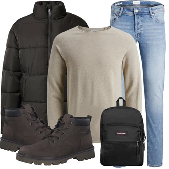 Outfit mit Beige/Khaki/Weiß Rollkragenshirt/Langarm-Shirt/Strick Top/Klassische Länge Jack & Jones "Winterliches Freizeit Outfit"