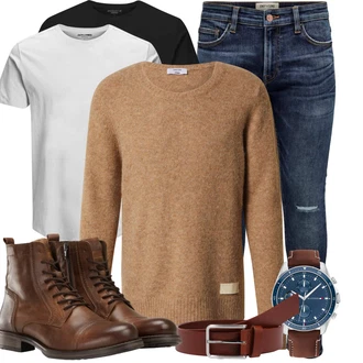 Outfit mit Braun Schnürstiefelette/Vintage Stiefelette/Leder Stiefelette/Vintage Stiefel/Klassischer Stiefel/Springerstiefel/Schnürschuh Jack & Jones "Winterliches Freizeit Outfit"