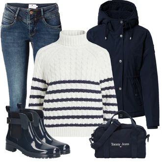 Outfit s Hnědá/Tmavě modrá/Krémová/Žlutá/Bílá Sveter Pruhovaný Svetr/Svetr s copánkovým vzorem/Hrubě pletený svetr/Pletený Svetr/Svetr Niki/Jednoduchý Svetr/Rolák/Zimní Svetr/Vlněný Svetr/Svetr s límečkem Vila "Zimní look"