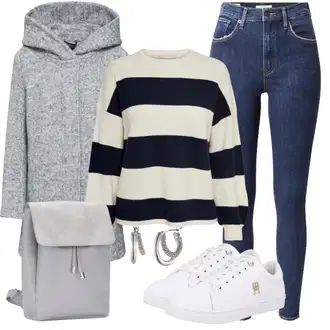 Outfity na zimu Pruhovaný s Modrá/Bílá/Béžová/Tmavě modrá/Krémová Pruhovaný Svetr/Jednoduchý Svetr Only "Zimní look"