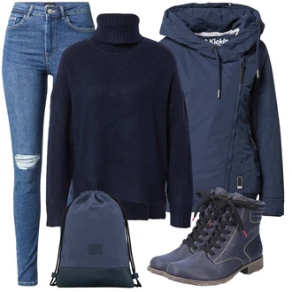 Outfit s Modrá/Tmavě Modrá/Světle Modrá Šněrovací bota/Klasická Kozačka/Šněrovací Kozačka/Kotníková Bota s Podšívkou/Zimní kotníková bota/Kozačka se zipem/Motorkářská bota Rieker "Zimní outfit pro volný čas"