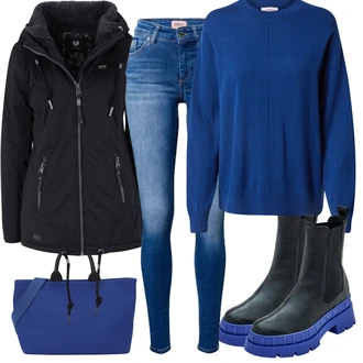 Outfit s Modrá/Tmavě Modrá Chelsea Boty/Kožená bunda/Plochá Kotníková Bota/Gumová Kotníková Bota Edited "Zimní outfity"
