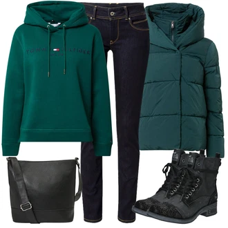 Lehké Outfit s Černá Kozačka Šněrovací Kotníková Bota/Motorkářská Bota/Bojová Bota/Motorkářská bota Mustang "Zimní outfity"