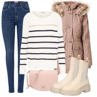 Outfit s Béžová/Bílá/Krémová/Khaki Kožená bunda/Plochá Kotníková Bota/Chelsea Boty About You "Zimní outfity"