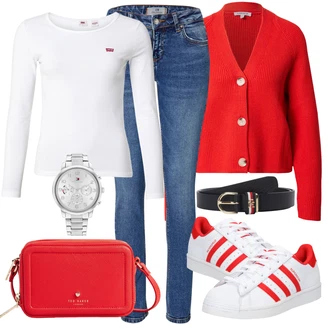 Outfit s Červená Kardigan Edited "Zimní outfity"