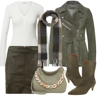 Párty Outfit s Tmavě zelená/Khaki/Šedá Krátká Sukně/Sukně z umělé kůže/Kožená Sukně/Kožená MiniSukně/Zimní Sukně Only "Zimní outfity"Look: Bar, Koncert, Škola, Zvláštní příležitosti, Matriční úřad, Párty