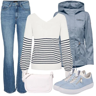 Outfity na zimu s Světle modrá/Modrá Pánské tričko/Džíny s Rozparkem/Zvonové Džíny/Dámské Džíny s Délkou 7/8/Zkrácené Džíny/Džíny s Nízkým Sedem/Navlékací džíny VERO MODA "Zimní outfit pro volný čas"