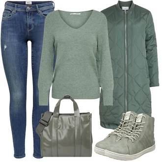 Outfit s Šedá Doplňek/Dlouhá tylová sukně/Dlouhý Zimní Kabát/Dlouhý Svetr/Dlouhé Šaty/Taška Přes Rameno/Dlouhé Kardigany ESPRIT "Zimní outfit pro volný čas"