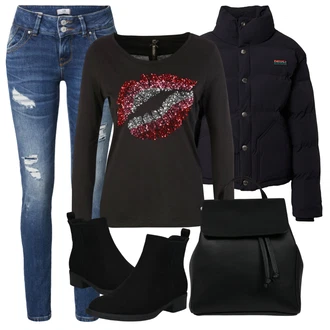 Skromné Outfit s Černá Dámská Ponožková Bota/Chelsea Boty/Plochá Kotníková Bota/Gumová Kotníková Bota/Kožená bunda/Letní kotníková kozačka About You "Zimní outfity"Look: Cool, Duckfeet, Elegantní, Krásný, Old Money, Bezešvé, Skromné