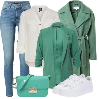 Zapínání na knoflíky Outfit s Šedá/Khaki/Bílá/Hnědá/Béžová/Světle zelená Tunikové Tričko/Halenka S 3/4 Rukávem/Blůza s nášivkou na lokti/Oversize Muselínová Blůza/Kožená bunda/Blůza s knoflíčkem Vero Moda Tall "Zimní outfity"