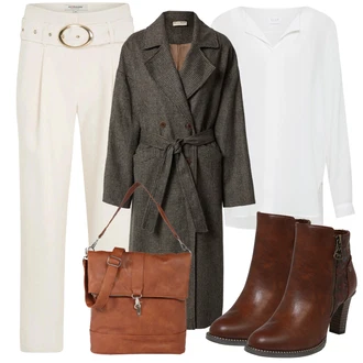 Chytrý příležitostný Outfit s Šedá/Hnědá/Béžová/Bílá/Krémová/Khaki Oversize Halenka/Halenkové Body/Blůza s knoflíčkem/Halenka s Dlouhým Rukávem/Tunikové Tričko/Slip-on Halenka/Oversize Muselínová Blůza/Halenka se Stojatým Límcem/Dlouhá Halenka Vila "Zimní outfity"Look: Styl, Klasické, Elegantní, Kancelář, Chytrý příležitostný, Univerzitní, Retro