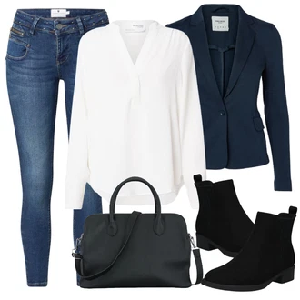 Skromné Outfit s Černá Dámská Ponožková Bota/Chelsea Boty/Plochá Kotníková Bota/Gumová Kotníková Bota/Kožená bunda/Letní kotníková kozačka About You "Zimní outfity"Look: Cool, Duckfeet, Elegantní, Krásný, Old Money, Bezešvé, Skromné