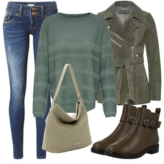 Outfit s Modrá Kožená bunda/Midi Kabát/Svetrová Vest Dlouhý svetr LTB "Zimní outfity"