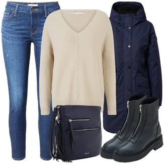 S řetízkem Outfit s Černá/Tmavě modrá Kozačka Plochá Kotníková Bota/Kozačka se zipem/Motorkářská bota/Kotníková Bota s Podšívkou/Ovčí Kožešinová Bota/Kožená kotníková bota/Kožená bunda/Gumová Kotníková Bota/Klasická Kozačka Edited "Zimní outfity"