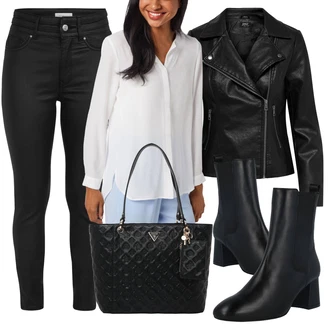 Outfit s Černá/Bílá Chelsea Boty/Letní kotníková kozačka/Kotníková Bota s Podšívkou/Kožená kotníková bota/Kožená bunda/Klasická kozačka/Špičatá Kozačka/Kotníková Bota Na Podpatku About You "Zimní outfity"